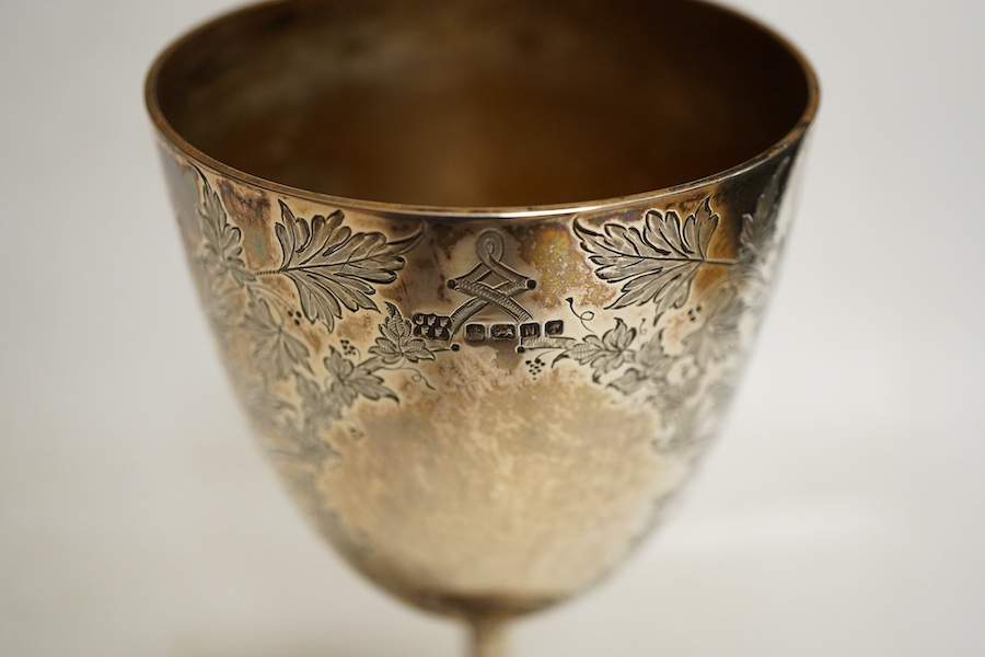 A late Victorian silver goblet Sheffield, 1880, Fenton Brothers, foliate engraved decoration, height 17.4cm., weight approx. 6.25ozt